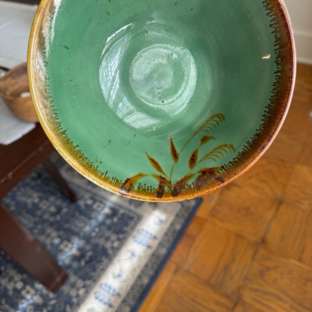 Handmade Ceramic Bowl. Green and Brown with Leaf Design / Glaze Shine. No Chips! - Picture 8 of 12